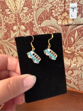 New fun whimsical VW Bus hippie Turquoise and Gold Drop Earrings